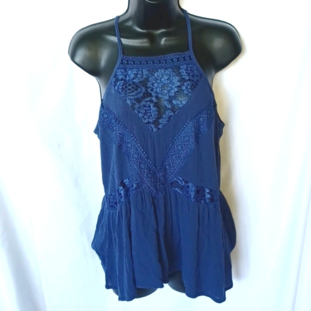 Self Esteem Boho Lace Inset Babydoll Top, blue